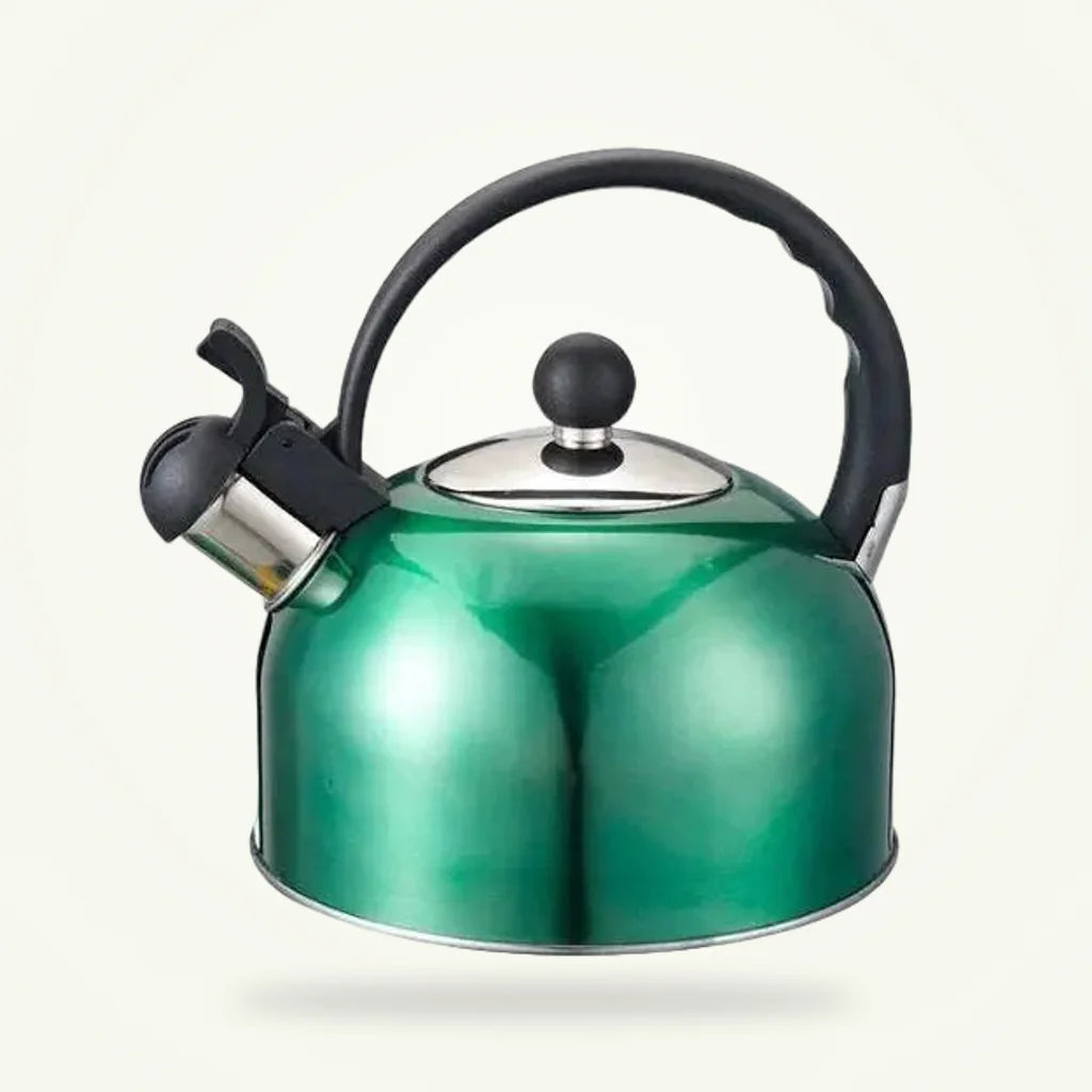 Emerald green 2.5L whistling stovetop tea kettle by Granny Lulu on plain background
