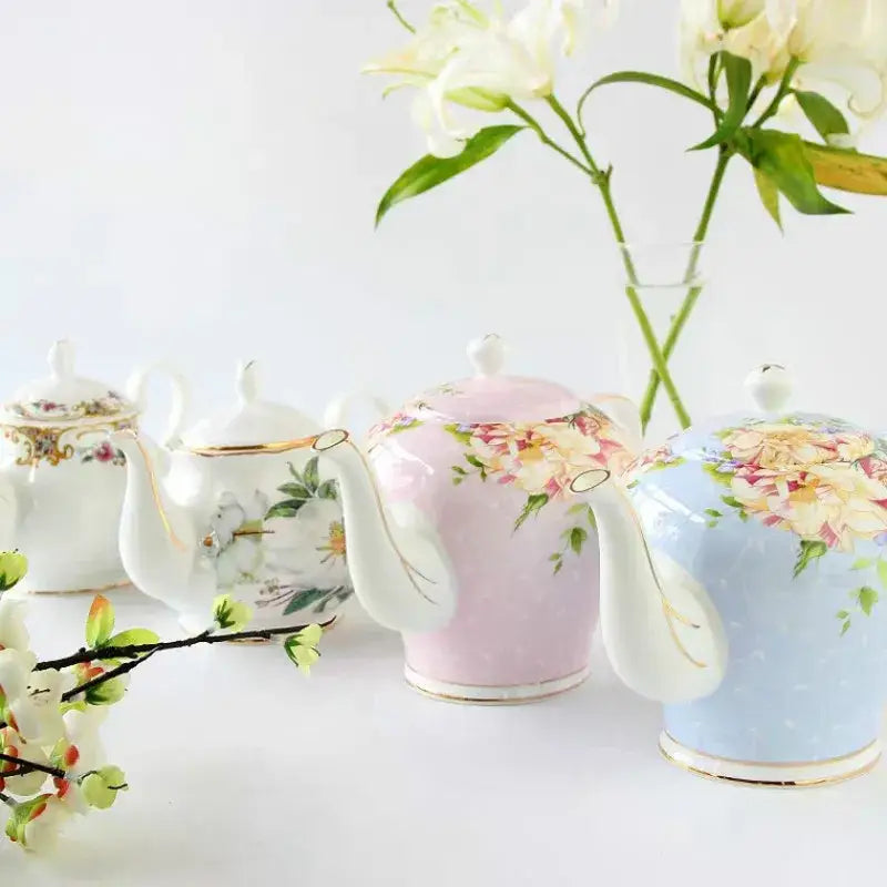 Close up of English ceramic teapot spout and handle