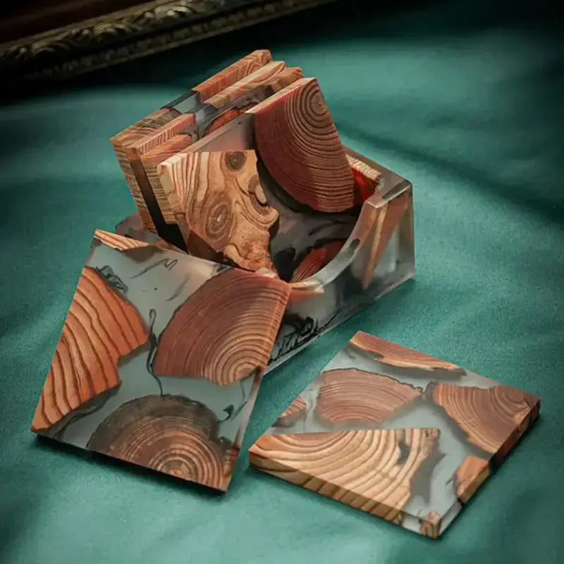 Stack of epoxy resin coasters on a table