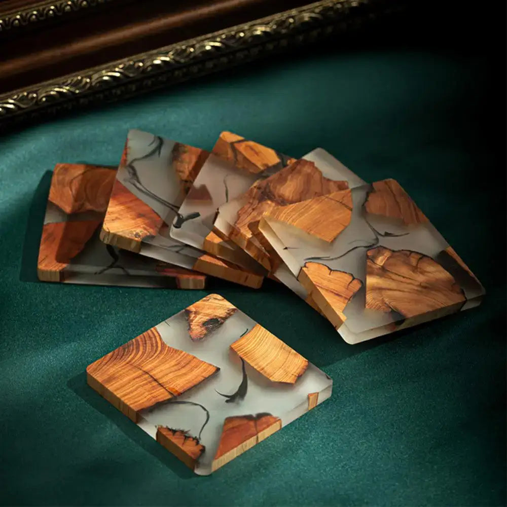 Coasters for hot cups made of resin and wood