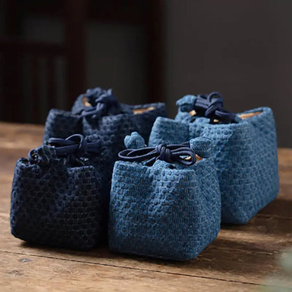 Blue drawstring teapot cozy in cotton-linen fabric