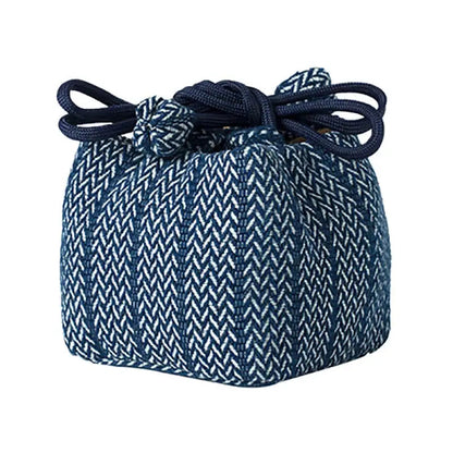 Retro navy fabric teapot warmer cozy with drawstring closure
