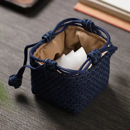 Fabric travel teapot cozy drawstring closure packed for travel