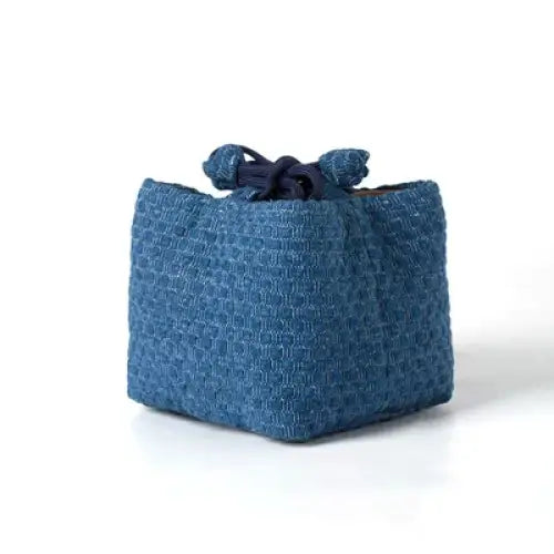 Blue fabric teapot cozy 8x8 cm with drawstring detail