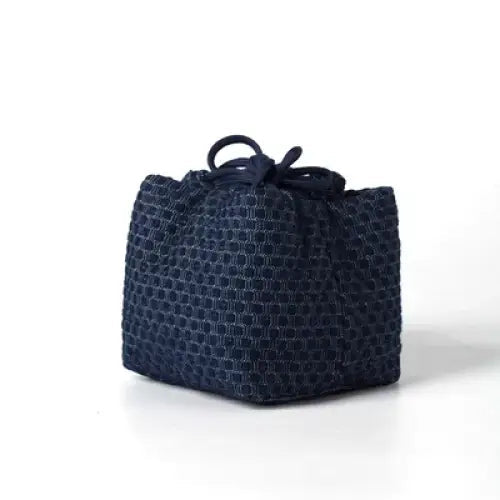 Navy fabric drawstring teapot cozy 8x8 cm, flat lay