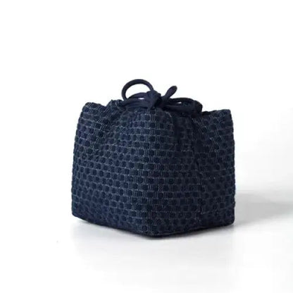 Navy fabric drawstring teapot cozy 8x8 cm, flat lay