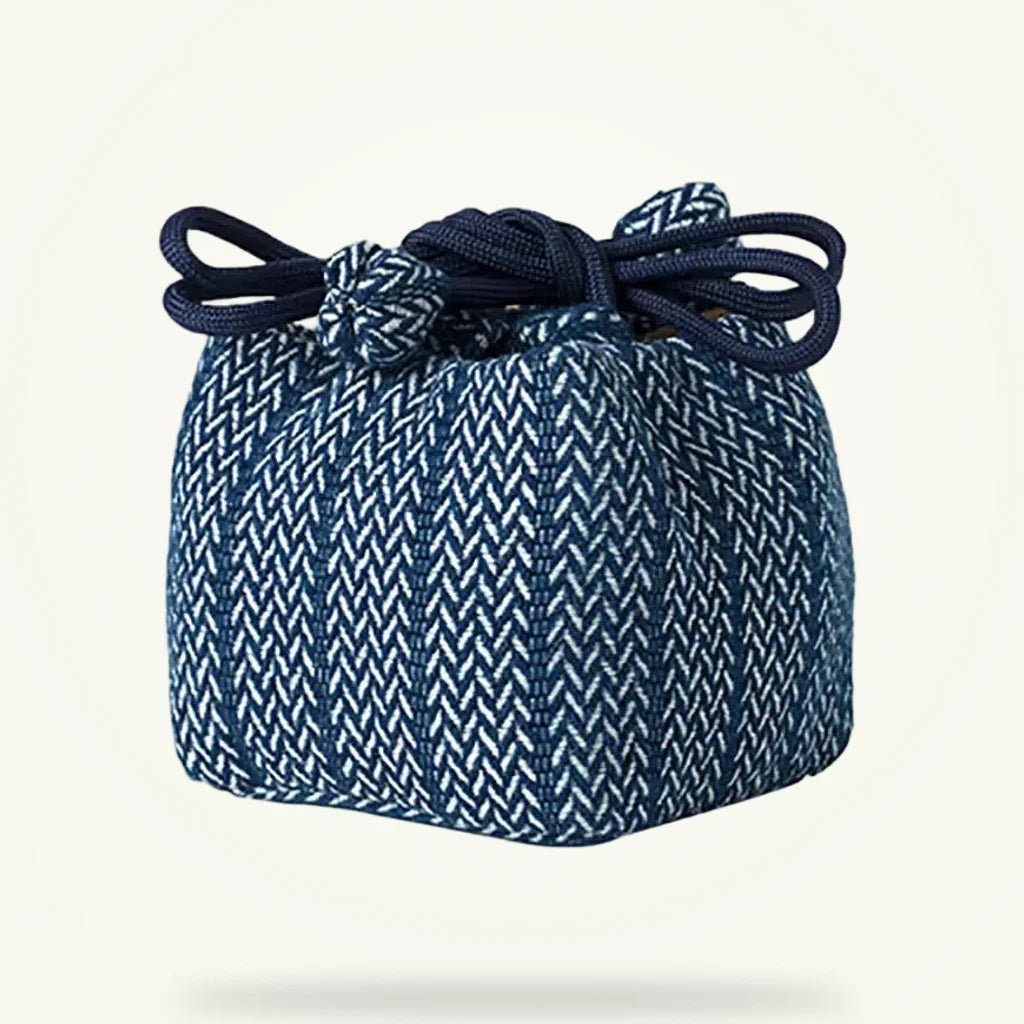 Fabric travel teapot cozy with drawstring closure, packshot on plain background
