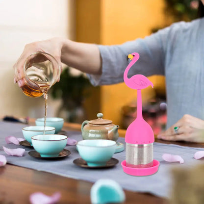 Close-up of flamingo tea infuser with fine mesh strainer