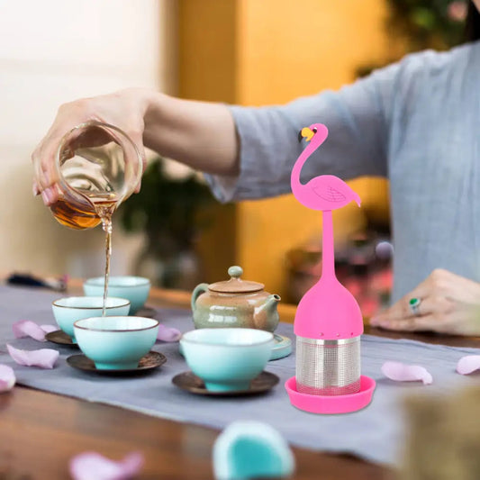 Close-up of flamingo tea infuser with fine mesh strainer