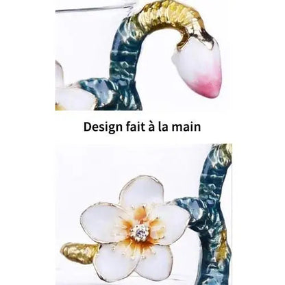 Hand-crafted floral glass teapot detail showing clear borosilicate walls