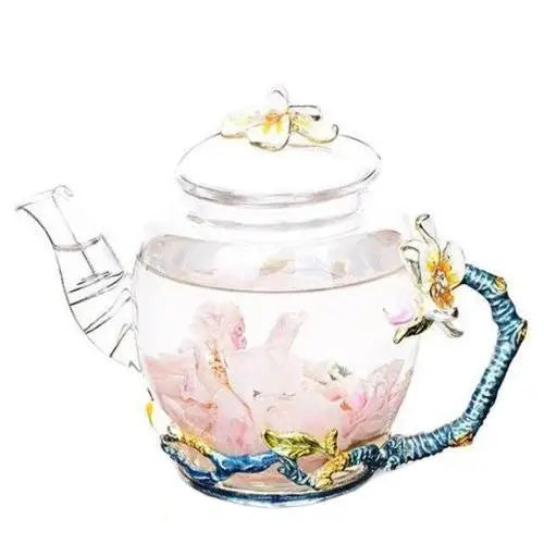 Clear borosilicate glass teapot with floral hand-crafted design