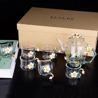 Floral glass teapot set full presentation with cups and teapot