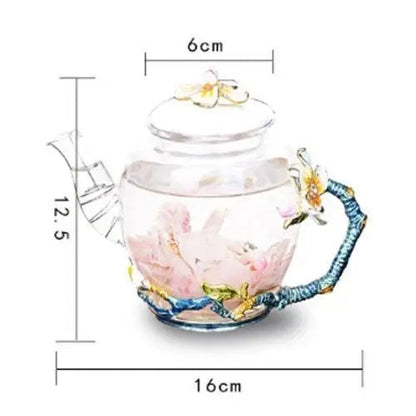 Glass teapot size reference showing 12.5 by 16 centimeter dimensions