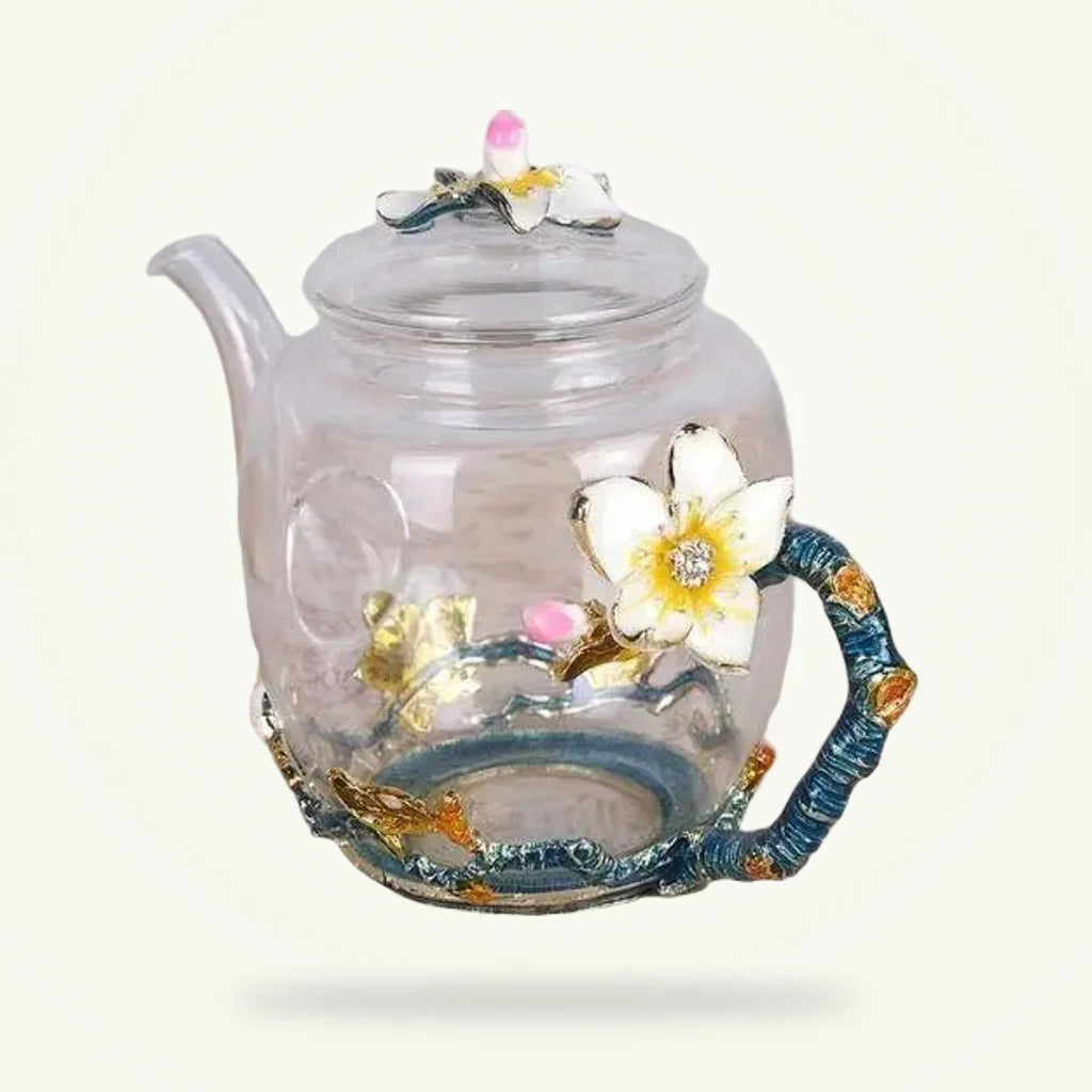 Floral Glass Teapot Set with 6 Cups, Borosilicate, 20 oz, product photo on a plain background