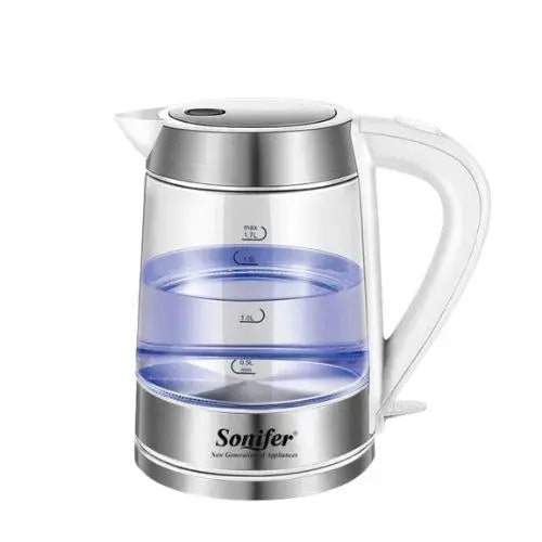 Glass electric kettle with blue LED on white counter