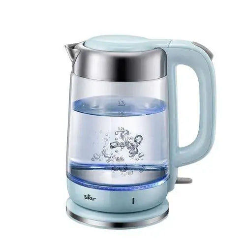 Glass electric kettle with blue LED light on base