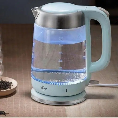 Borosilicate glass electric kettle on 360-degree swivel base