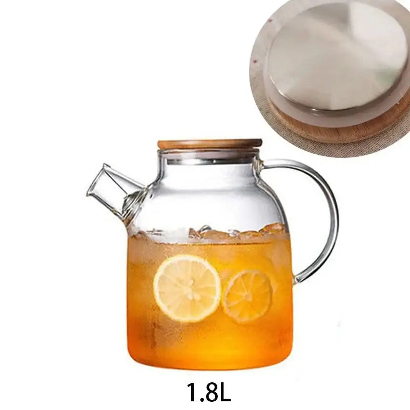 1.8-liter glass iced tea pitcher with bamboo lid for serving a crowd