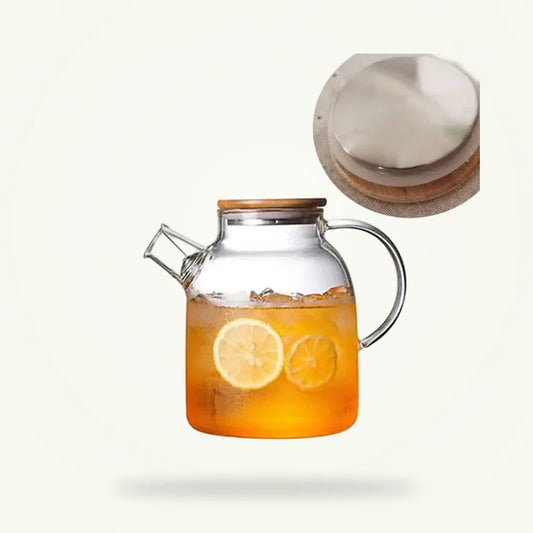 Glass iced tea set with bamboo lid, three size options on plain background