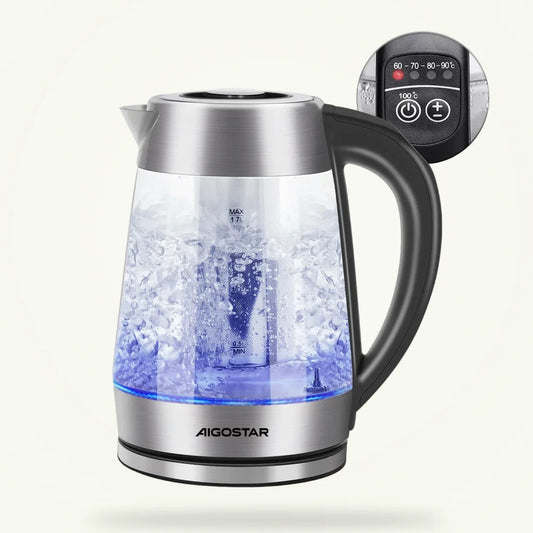 Glass Kettle 1.7L with Tea Infuser, product photo on a plain background