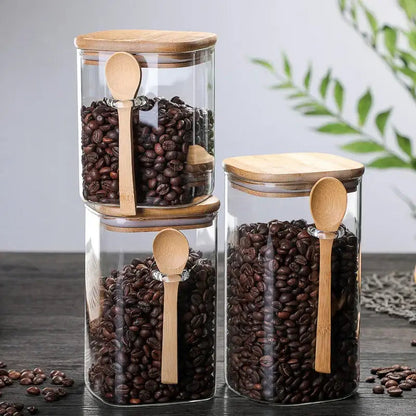 Glass tea canister with wooden lid and silicone seal