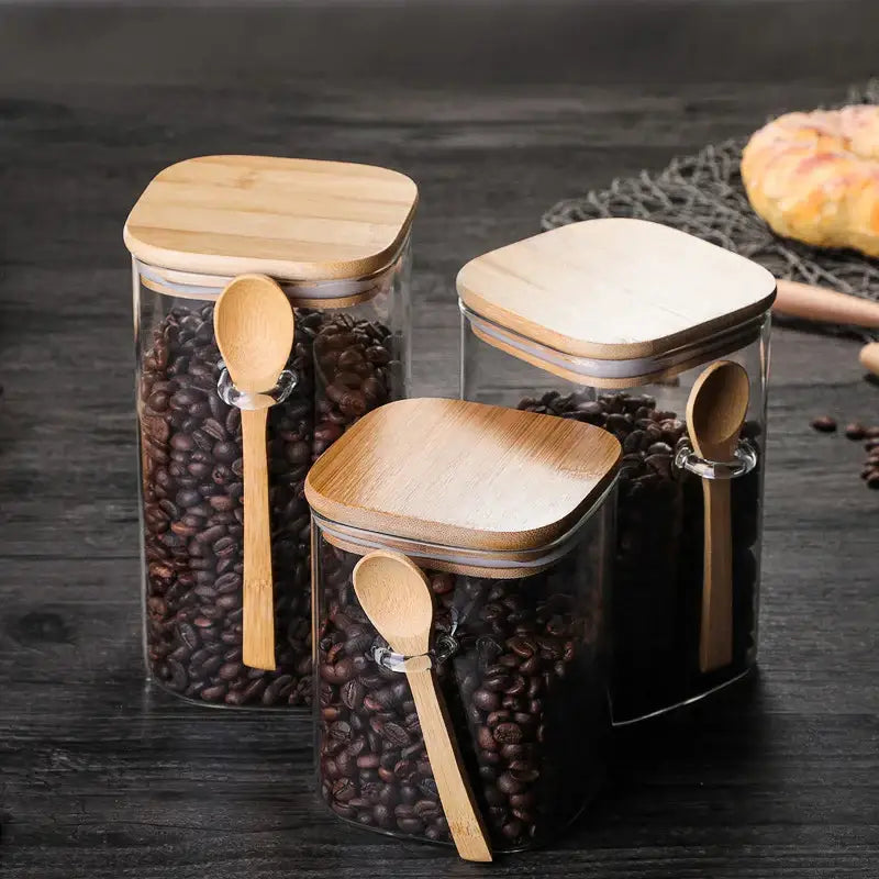 Clear glass canister with bamboo lid for pantry