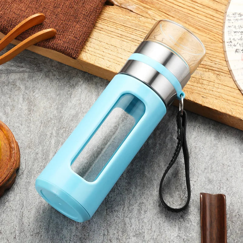 Glass tea infuser bottle 500ml with removable stainless steel strainer shown separately