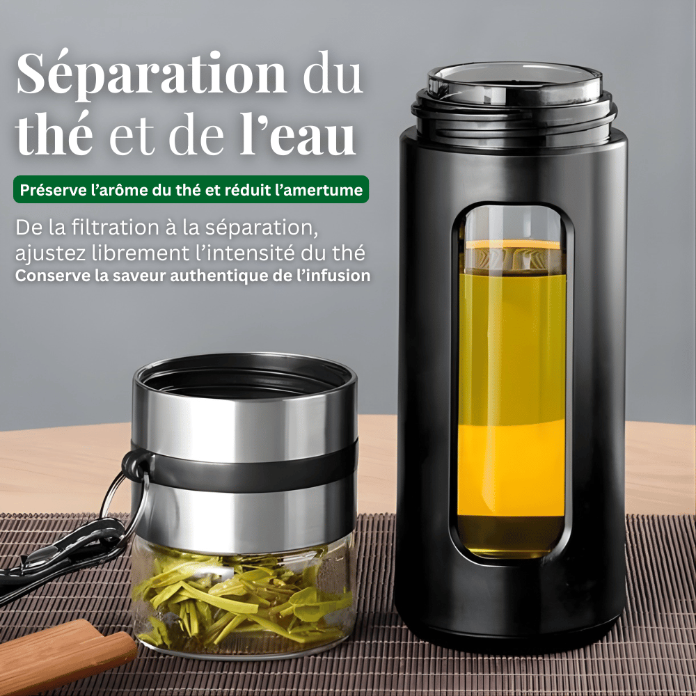 Glass tea infuser bottle 500ml in black color variant, side view