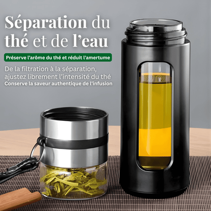 Glass tea infuser bottle 500ml in black color variant, side view