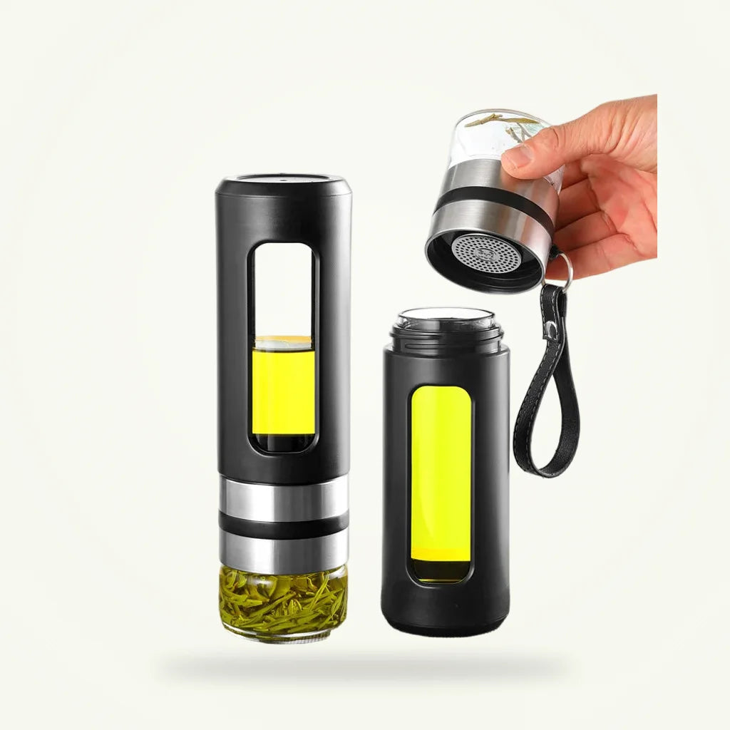Glass tea infuser bottle 500ml with stainless steel strainer, full product view on plain background