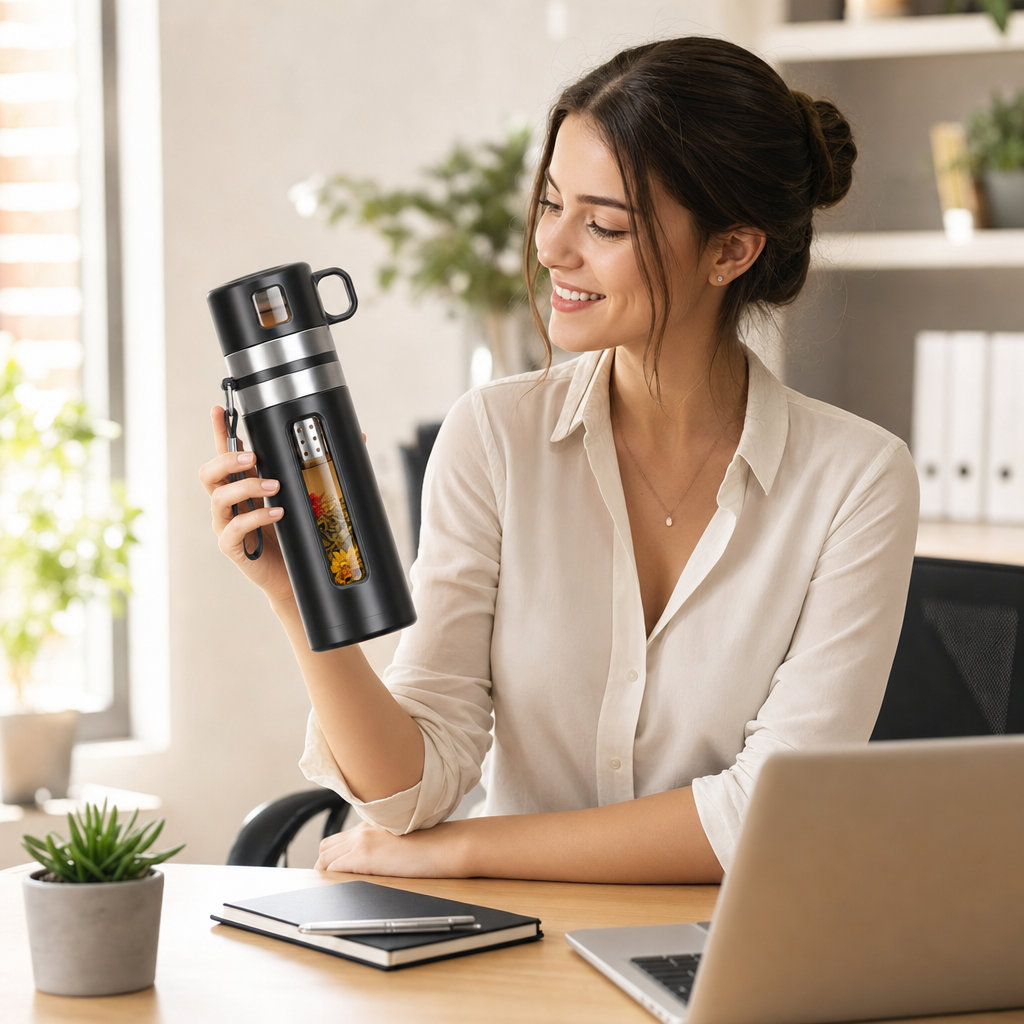 Glass tea infuser bottle in use on a kitchen counter, brewing loose-leaf tea
