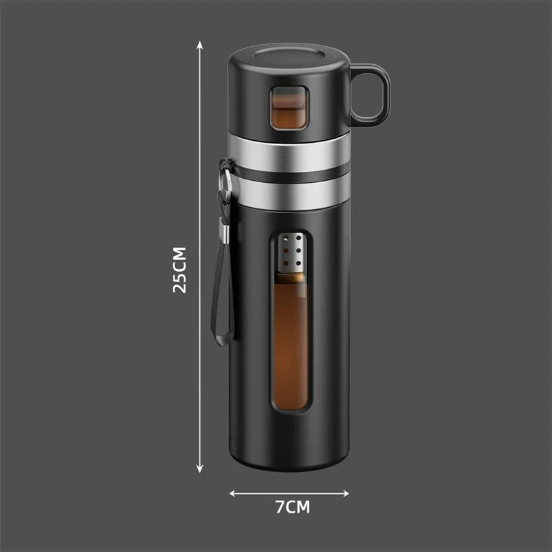 Borosilicate glass tea bottle with brown lid, side angle