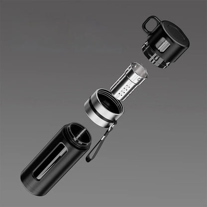 Glass infuser bottle with black lid, showing leakproof seal
