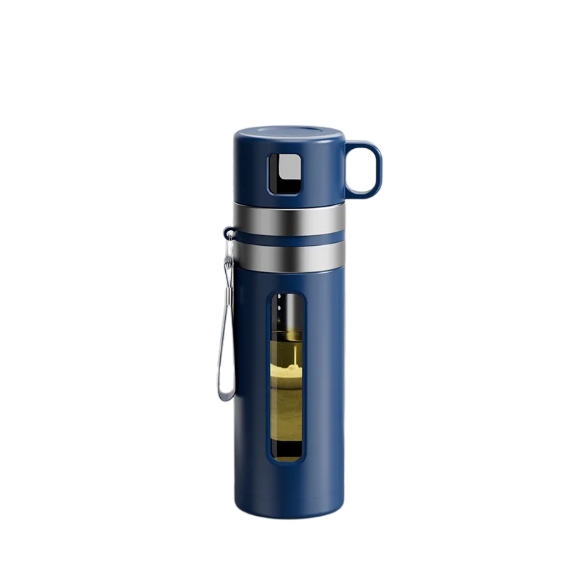 Glass tea infuser bottle 520ml in blue, full product view