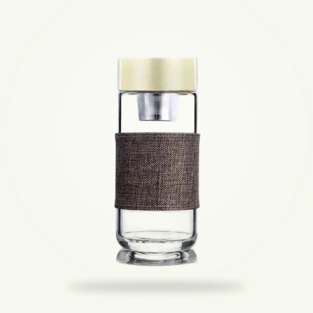 Glass Tea Thermos Bottle for Office with Infuser, product photo on a plain background