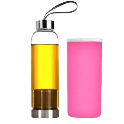 Glass tea thermos bottle with pink pouch and built-in infuser