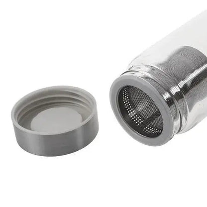 Close-up of glass tea thermos lid and removable infuser basket