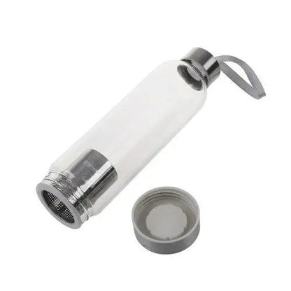 550 ml borosilicate glass tea thermos shown with pink carry pouch