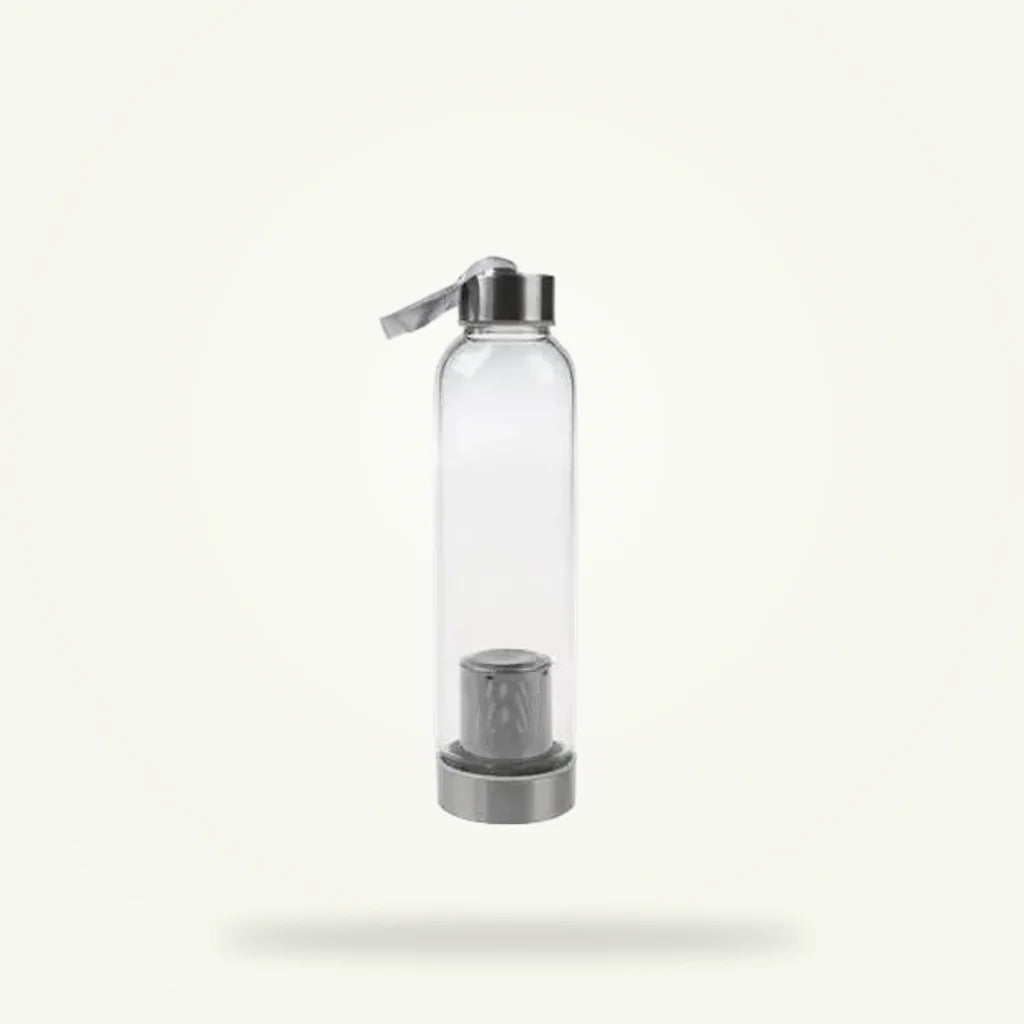 Glass Tea Thermos Bottle with Pink Carry Pouch, 550 ml, Built-In Infuser, product photo on a plain background