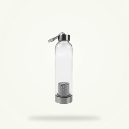 Glass Tea Thermos Bottle with Pink Carry Pouch, 550 ml, Built-In Infuser, product photo on a plain background