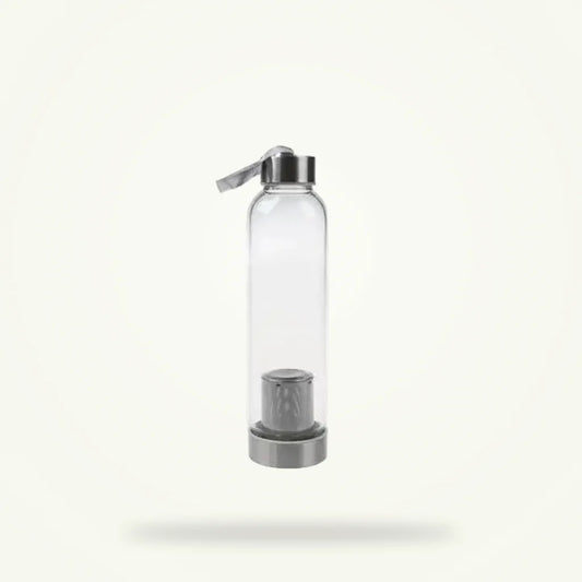 Glass Tea Thermos Bottle with Pink Carry Pouch, 550 ml, Built-In Infuser, product photo on a plain background