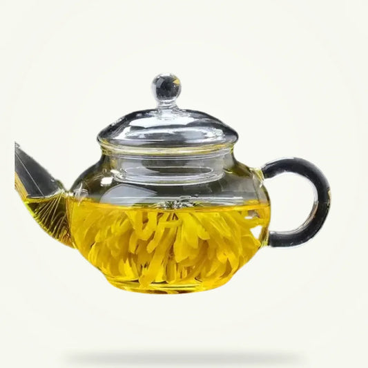Glass teapot 250ml for one person, packshot on plain background with lid and infuser