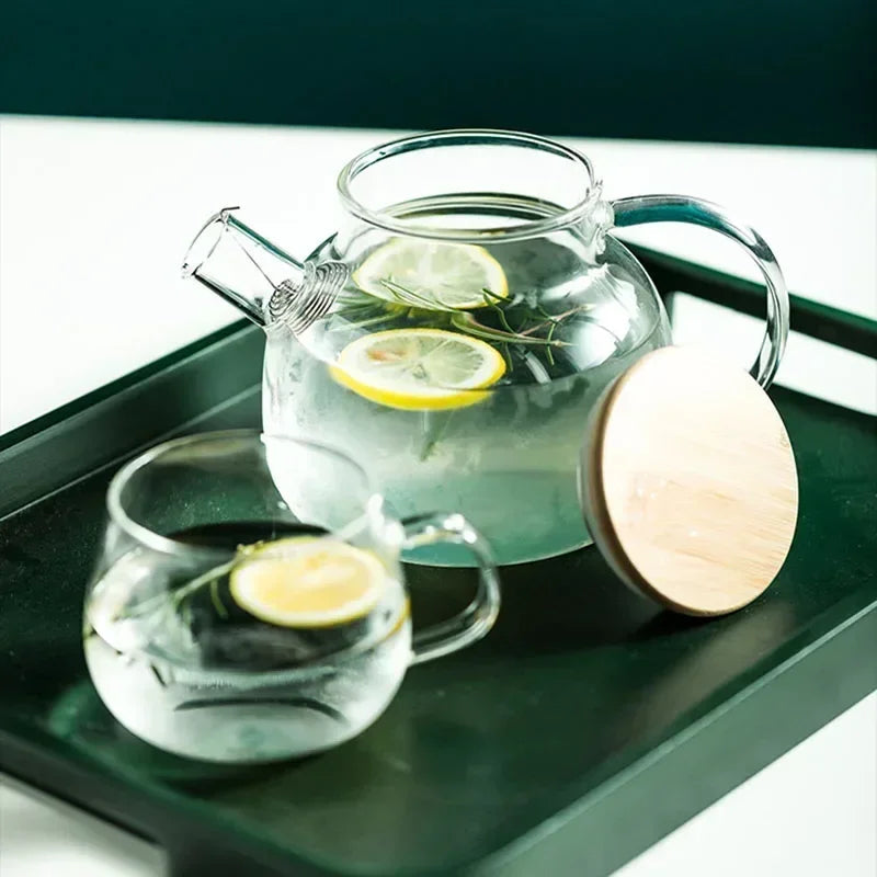 Borosilicate glass teapot with tea leaves, showing clarity and heat resistance