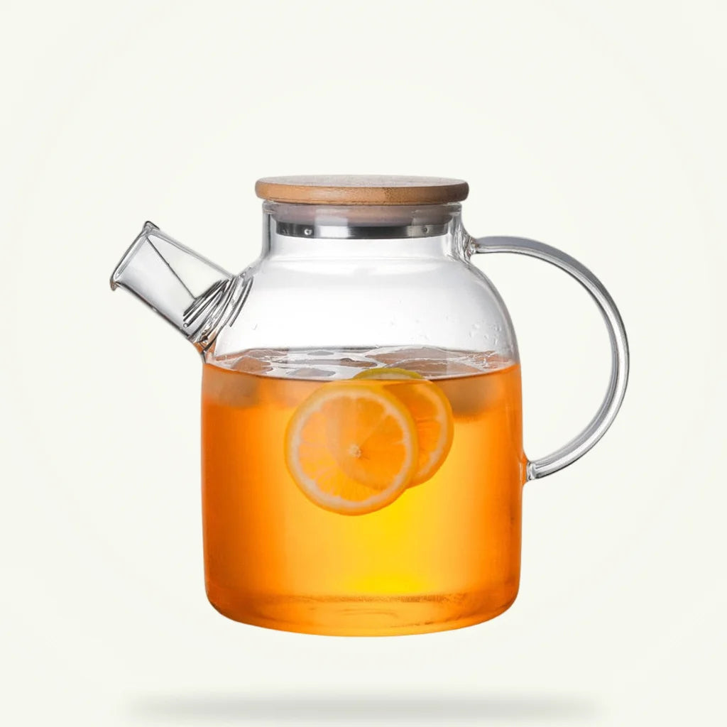 Glass teapot for blooming tea, 1000ml and 1800ml sizes on plain background