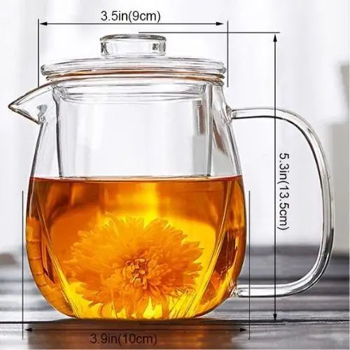Glass teapot size reference showing 13.5 by 10 cm dimensions