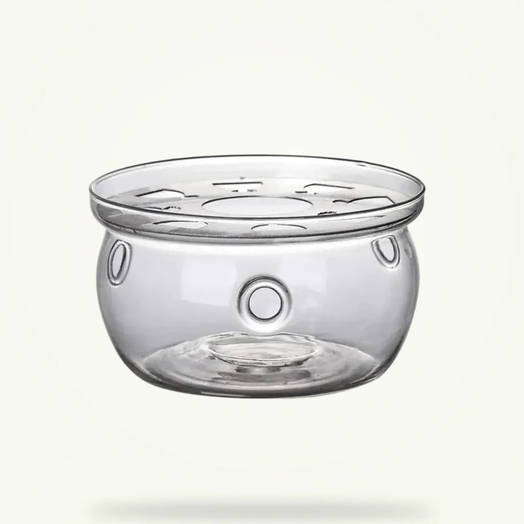 Glass teapot warmer with candle holder, borosilicate glass, plain background