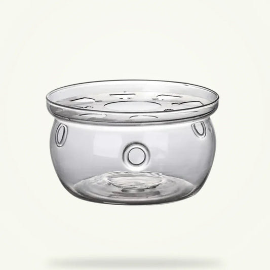 Glass teapot warmer with candle holder, borosilicate glass, plain background