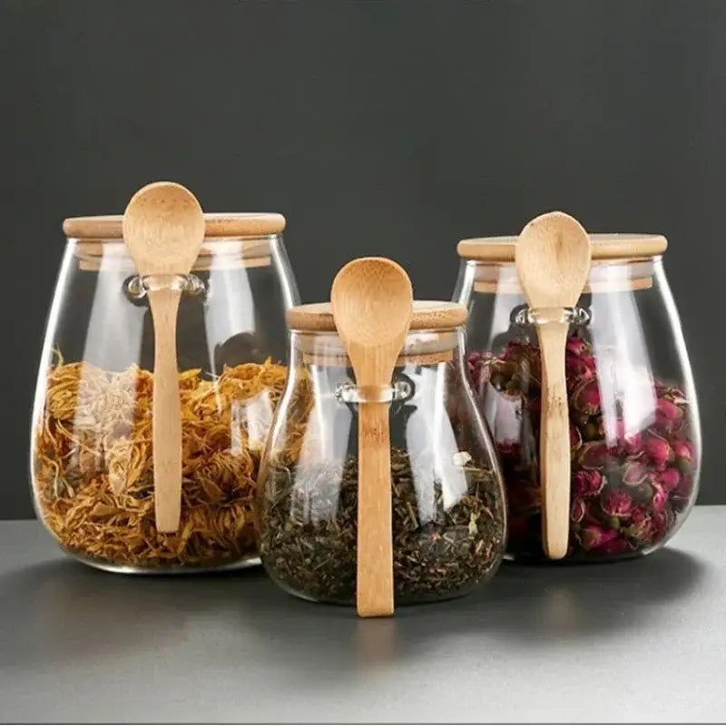 Set of three glass teapots with bamboo lids in 350ml, 600ml and 1000ml sizes