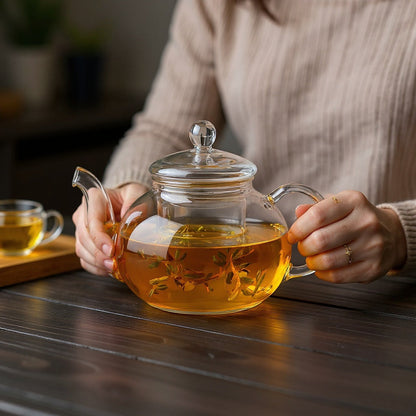 Borosilicate glass teapot with loose-leaf tea steeping inside