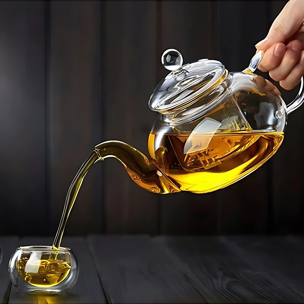 Clear glass teapot with removable infuser basket on table